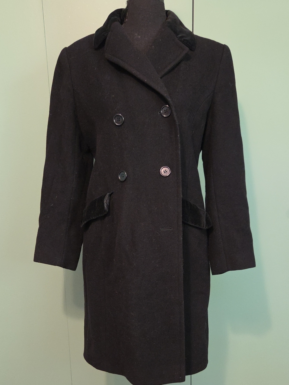 Vintage Laura Ashley Wool Blend Classic Double Breast Black Coat Size 6